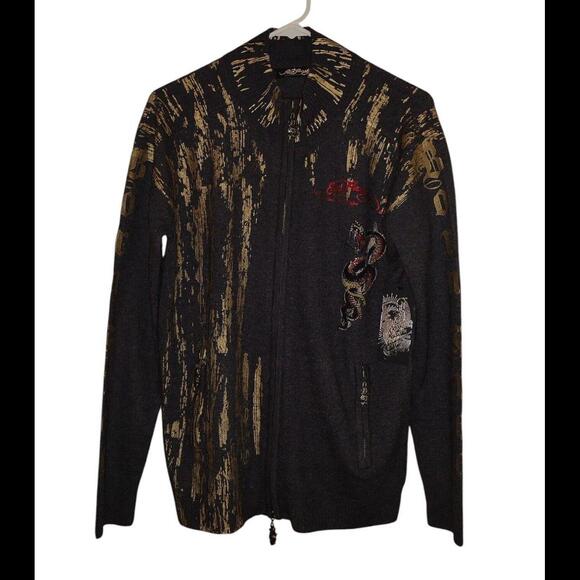Ed Hardy Cardigan Jacket Charcoal & Gold Sweater Size Medium